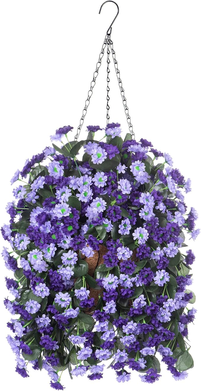Artificial Flowers in Hanging Basket for Outdoors Indoors Decor, Artificial Mums Bush Flowers Plants with Baskets for Home Porch Garden Yard Patio Spring Summer Decoration (Deep Purple)