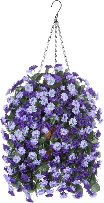 Artificial Flowers in Hanging Basket for Outdoors Indoors Decor, Artificial Mums Bush Flowers Plants with Baskets for Home Porch Garden Yard Patio Spring Summer Decoration (Deep Purple)