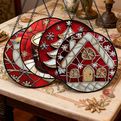 Stained Glass Window Hanging 4 Pcs Set Red Christmas Themed Decorations 9.8" - Suncatcher Door Garden Sun Catcher Decor Birthday New Year for Mom Woman Nana Men