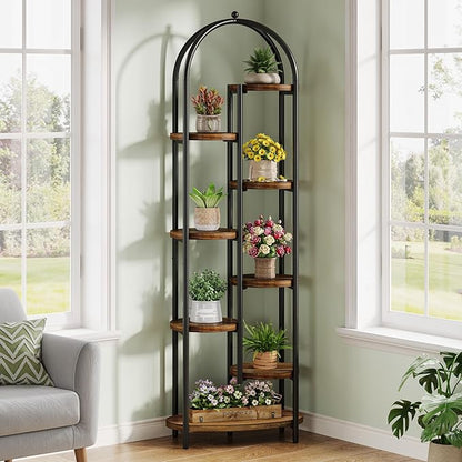 Tribesigns 8-Tier Plant Stand Indoor, 70" Tall Arched Plant Shelf with Metal Frame, Multi-Tier Flower Stand Pot Holder Corner Display Rack for Patio, Balcony, Garden, Living Room, Brow& Black