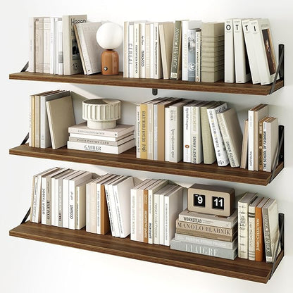 Fun Memories Long Wall Shelves for Bedroom, Set of 3 Large 40-Inch Floating Bookshelves, Rustic Wood Display Shelf for Home and Office (Walnut)