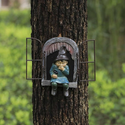 Gnome Open The Door Garden Decor Resin Tree Faces Decor Outdoor Fairy Garden Patio Lawn Porch (Brown)