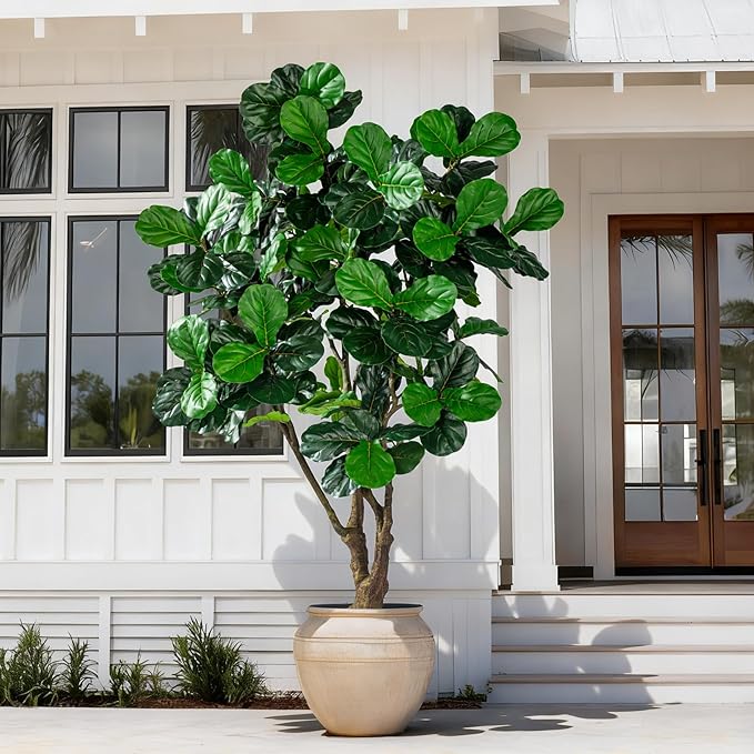 Artificial Fiddle Leaf Fig Tree 8ft with White Planter Realistic Fiddle Leaf Lyrata Plant Tall Fake Tree with Natural-Looking Leaves Fake Tree for Indoor Outdoor Home Office Decor