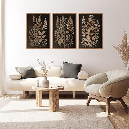 HLNIUC Vintage Botanical Fern Framed Canvas Wall Art Set,Black and Tan Plant Leaves Wall Decor,Modern Farmhouse Art Print,Neutral Minimalist Herb Floral Wall Painting for Living Room,Office - 24”x36”3