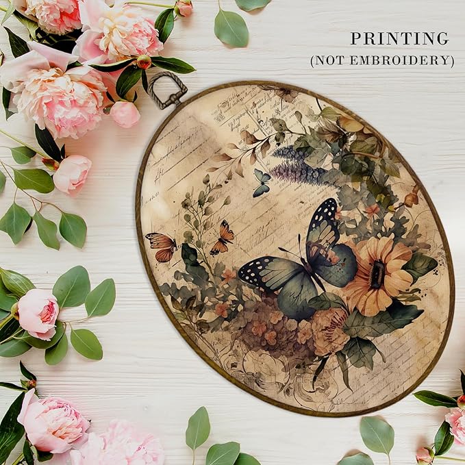 MAQIKA Vintage Butterfly Flower Oval Framed Wall Art Decor, Butterfly Bathroom Decor, Botanical Floral Oval Wall Hanging Decor, Butterflies Canvas Prints Wall Art for Bedroom Home, 8.7x11.3 Inch