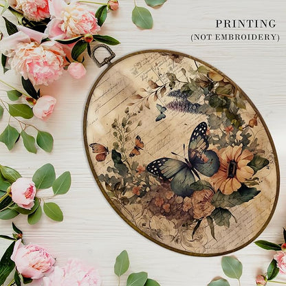 MAQIKA Vintage Butterfly Flower Oval Framed Wall Art Decor, Butterfly Bathroom Decor, Botanical Floral Oval Wall Hanging Decor, Butterflies Canvas Prints Wall Art for Bedroom Home, 8.7x11.3 Inch