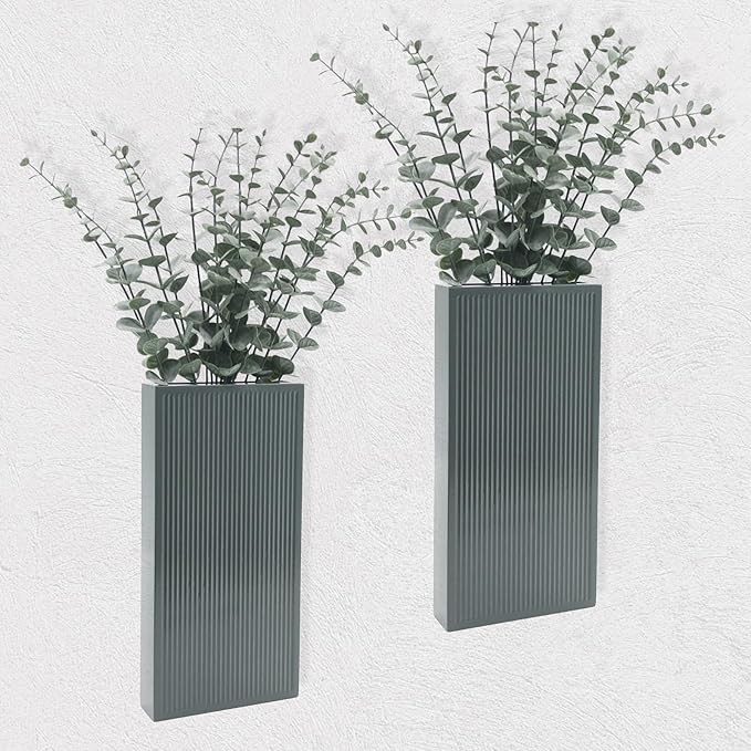 Wood Wall Planter Set of 2, Modern Wall Hanging Decor Pocket Planter for Greenery and Dried Flowers, Indoor Wood Hanging Vase (Gray)