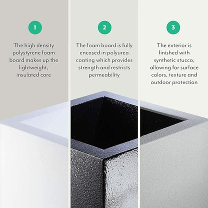 PolyStone Monterray Modern Outdoor/Indoor Square Planter, 23" L x 23" W x 19" H, Lightweight, Heavy Duty, Weather Resistant, Polymer Finish, Commercial Grade and Residential (White Granite)