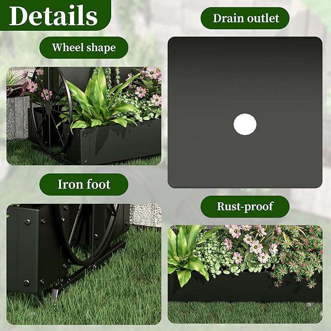Metal Wagon Planter Box, 3-Tier Garden Planter with Wagon Wheels, Decorative Outdoor Planters for Flowers Herbs Vegetables, Flower Cart Small Raised Garden Bed for Patio, Balcony (Black)