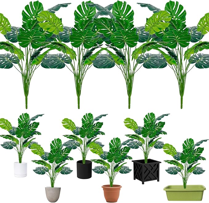 Artificial Palm Tree Leave Plants - 4PCS 28'' Tall Fake Plant Monstera Leaf Indoor Outdoor, Large Faux Floor Plant for Living Room, Bedroom Plants Decor, Bathroom Farmhouse Home House Decor
