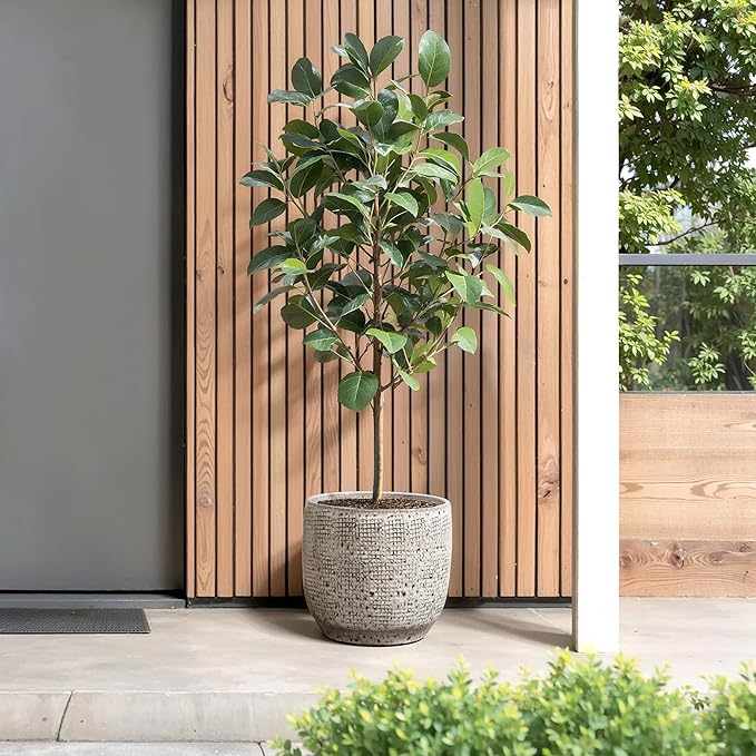 LuxenHome 12-Inch Large Ceramic Pots for Plants, Modern Gray Grid-Pattern Glazed Ceramic Planters Pots for Outdoor Plants with Drainage Hole and Plug, Round Indoor Flower Pot for Home Garden Patio