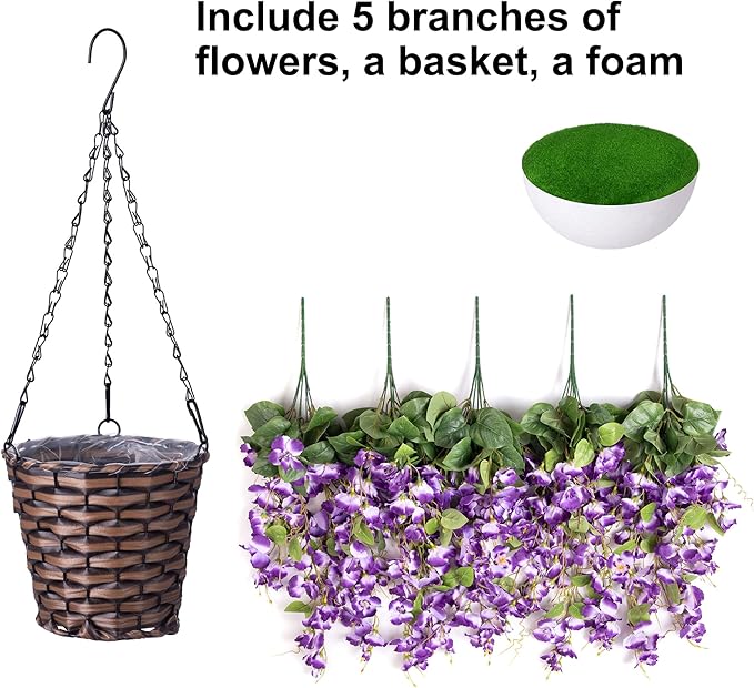 Artificial Fake Hanging Hibiscus Flowers Plants Baskets for Outdoor Decoration, Faux Silk Hibiscus Long Vines in Planter UV Resistant Realistic Flowers for Outside Porch Patio Home Decor, Darkpurple