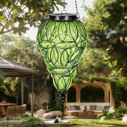 Solar Hanging Lantern Outdoor Garden Lights, Tear-Shaped Glass and Metal Hanging Lantern, 15 Firefly LED Lights, 7 x 24 Inch,(Green)