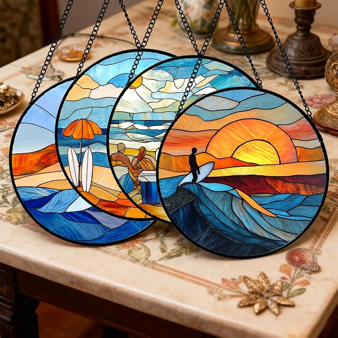 Stained Glass Window Hanging 4 Pcs Set Blue Ocean Surfing Beach 6.3" - Suncatcher Door Garden Sun Catcher Decor Birthday Mother's Day for Firefighte Men Woman Nana Mom