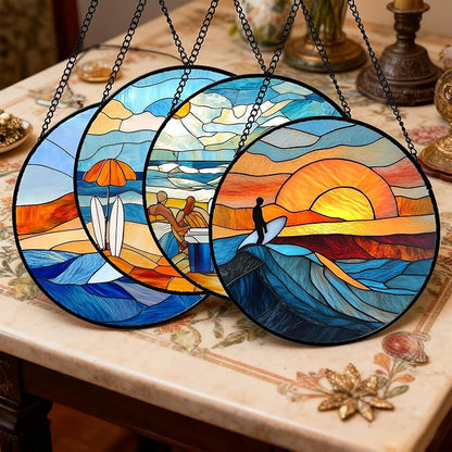 Stained Glass Window Hanging 4 Pcs Set Blue Ocean Surfing Beach 6.3" - Suncatcher Door Garden Sun Catcher Decor Birthday Mother's Day for Firefighte Men Woman Nana Mom