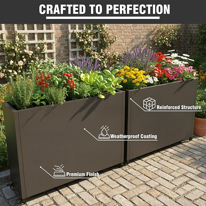 36" L x 9.3" W x 28.4" H Metal Planter Box with Wheels & Removable Shelf – Rolling Raised Garden Bed with Smart Drainage System, Rustproof Outdoor Planter for Patio, Balcony & Modern Décor