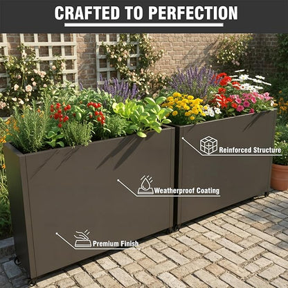 36" L x 9.3" W x 28.4" H Metal Planter Box with Wheels & Removable Shelf – Rolling Raised Garden Bed with Smart Drainage System, Rustproof Outdoor Planter for Patio, Balcony & Modern Décor