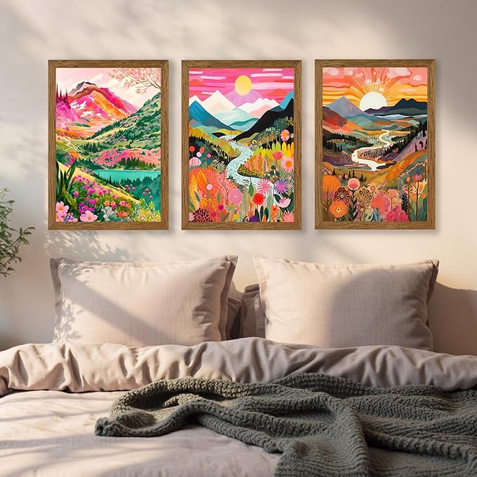 DUWQU 3 Piece Colorful Watercolor Mountain Canvas Wall Art Boho Floral Painting Picture Wall Decor Abstract Nature Landscape Poster Print Artwork for Living Room Bedroom Office 16x24 Inch Wood Frames