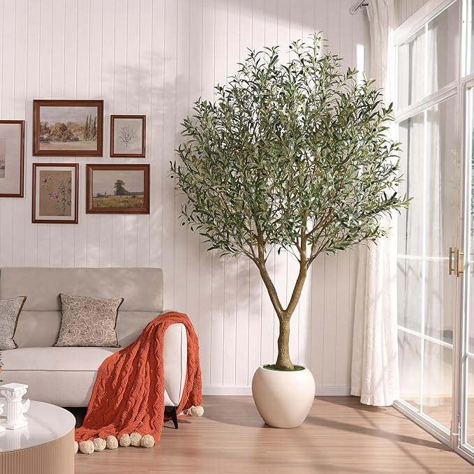8FT Artificial Olive Tree - Realistic Tall Fake Plants with UV Resistant Leaves & Fruits,Faux Tree with Round White Pot,Perfect for Living Room,Office,Indoor/Outdoor Home House Decor,VN163