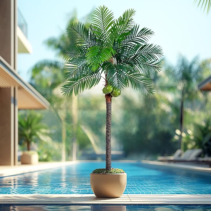 8.2FT Artificial Phoenix Palm Tree with Coconut Fruit Artificial Plants Indoor Outdoor Large Faux Coconut Palm Tree Tropical Fake Palm Plant for Modern Farmhouse Yard Outside Patio Poolside