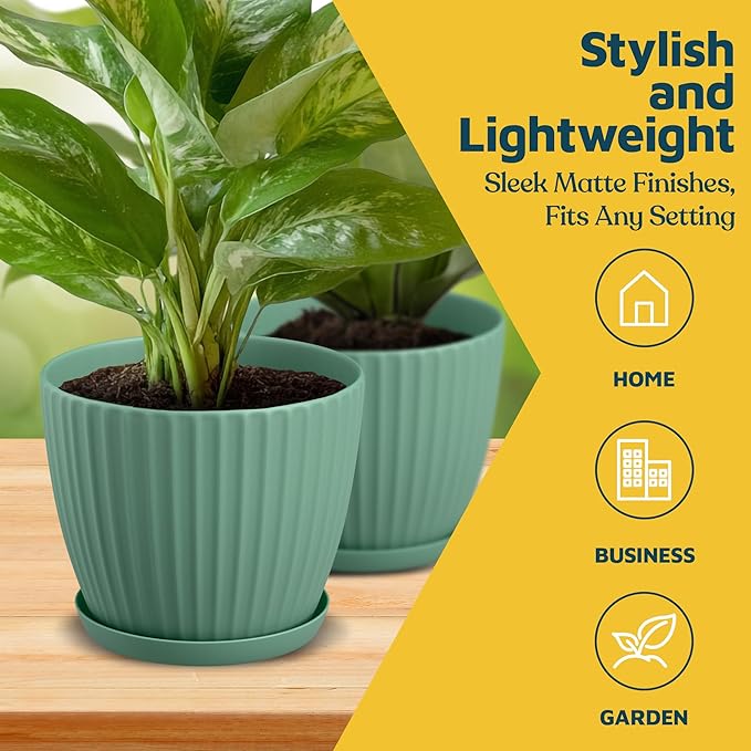 Mint 6-Inch Plant Pots with Drainage & Saucers 12 Pack, Indoor & Outdoor Planters for Houseplants, Herbs, and Flowers, Durable & Weatherproof Material, Stackable, Lightweight, Minimalist Design