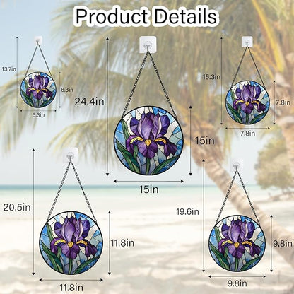Stained Glass Window Hanging - Iris Birth Flower Suncatcher for Doors Garden Yard Purple Blue Sun Catchers Decor Christmas Mother's Day Birthday Gifts for Teacher Women Mom Nana 7.8 in