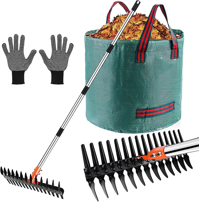 Thatch Rake for Lawns - 15” Wide Dethatcher Rake with Upgraded Dual-Action Tines & 57” Adjustable Handle, Heavy Duty Steel Garden Rake Includes Reusable Waste Bag and Gloves