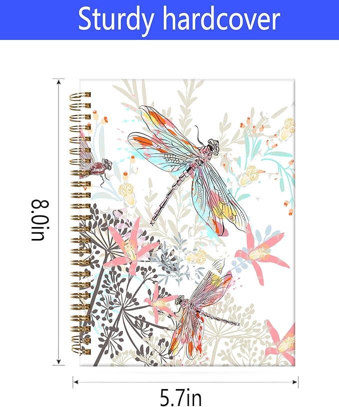 Spiral Journal Notebook,A5 Hardcover Lined Journals for Women Girl 6 x 8.3 in,120 Pages Thick Paper,Cute College Ruled Writing Notebook for Gifts Office Work School(Cute Dragonfly)