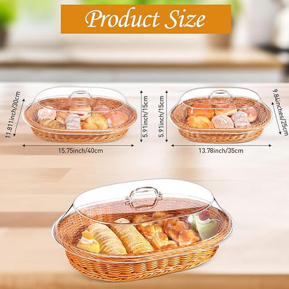 Hushee 2 Set Imitation Rattan Bread Basket with Lid Wicker Bread Baskets for Serving Woven Fruit Basket with Cover Oval Food Baskets for Food Vegetables Display(13.78 x 9.84 Inch, 15.75 x 11.81 Inch)