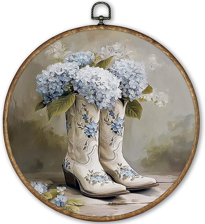 TLESKE Hydrangea Western Cowgirl Boots Round Wall Art Decor Framed 10x10, Chinoiserie Preppy Floral Canvas Wall Art Prints Artwork, Vintage Blue And White Wall Hanging Room Door Decor for Bedroom