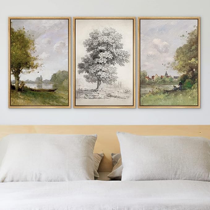 Ashbrook Framed Canvas Print Wall Art Set Forest Tree Field Nature Wilderness Illustration Fine Art Decorative Floral Botanical Garden Vintage for Living Room, Bedroom, Office - 24"x36"x3 Natural