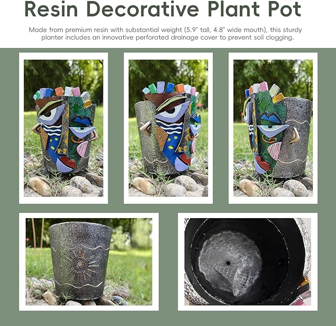 5.9" High Handcrafted Abstract Face Planter with Drain Hole - Vibrant Resin Flower Pot for Indoor Outdoor Decor