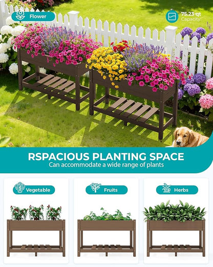 SERWALL Raised Garden Bed with Legs Set of 2, 43"×17"×30" Large HDPE Elevated Planter Box for Vegetables Flower Herb Patio, All Weather Use- Brown