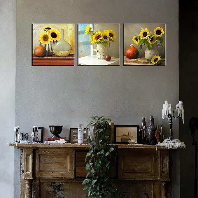 Sunflower Kitchen Wall Decor, SZ HD Still Life Oil Painting Canvas Art Prints of Bright Blooming Floral Illustration (Set of 3, Waterproof Artwork, 1" Thick Frame, Bracket Mounted Ready to Hang)