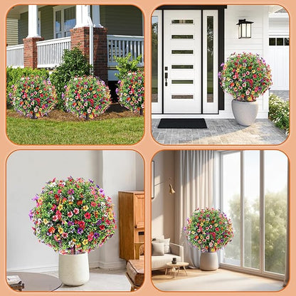 27.5" Artificial Boxwood Topiary Ball Trees with Colorful Flowers, Set of 2 Fake Bushes Shrubs with Ground Spike, UV Resistant Faux Evergreen Tree for Front Porch Outdoor Garden Decor