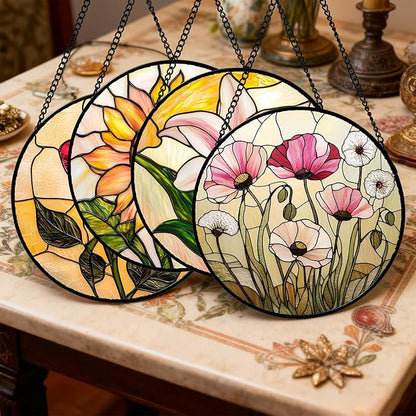 Stained Glass Window Hanging 4 Pcs Set Lily Rose Sunflower Poppy Large 11.8" - Flower Suncatcher Door Garden Sun Catcher Decor Birthday Mother's Day for Wife Woman Nana Girl