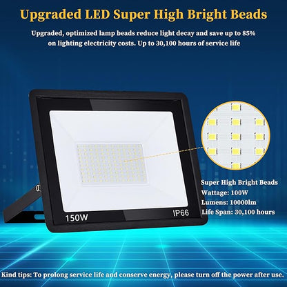 2 Pack 150W LED Flood Light Outdoor Plug in,15000 LM Super Bright Security Lights,IP66 Waterproof LED Work Light 6000K Daylight White,Floodlights for Garage,Yard,Garden,Playground