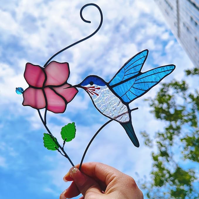 Stained Glass Window Hanging, Handcrafted Hummingbird with Flower Stained Glass Suncatcher for Home Indoor Window Art Decor,Hummingbird Gifts for Women,Mom,Bird Lovers