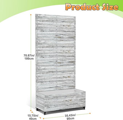 Metal Raised Garden Bed with Trellis, 2-in-1 Planter Box & Privacy Screen for Climbing Plants, Outdoor Standing Flower Bed with Drainage Holes, 35.4" L x 15.7" W x 70.1" H, White Oak Grain
