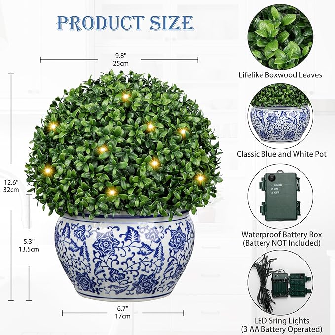 DILATATA Artificial Topiary Boxwood Ball in Blue and White Ceramic Pot, Lighted Artificial Boxwood in Planters 13 Inch Decorative Fake Greenery for Table Centerpiece Indoor Plant Home Decor - Large