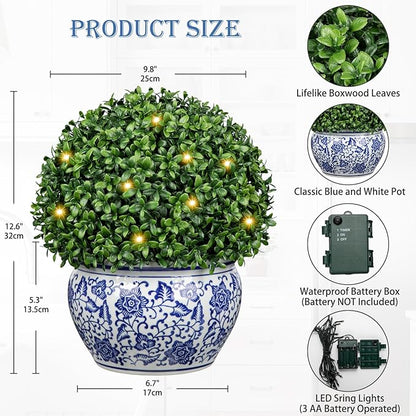 DILATATA Artificial Topiary Boxwood Ball in Blue and White Ceramic Pot, Lighted Artificial Boxwood in Planters 13 Inch Decorative Fake Greenery for Table Centerpiece Indoor Plant Home Decor - Large