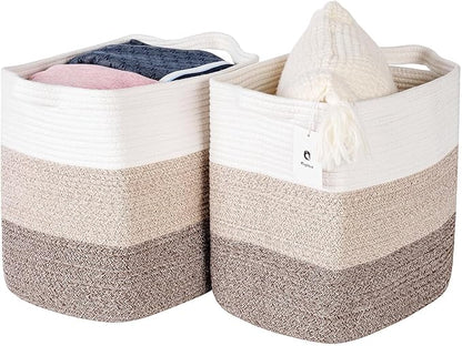 Storage Baskets for Clothes Fabric Cotton Rope Storage Basket with Handles, Decorative Woven Basket for Living Room,Closet Organizer Blankets, and 2bags (Gradient Brown, L17.8×W12.5×H17.9)