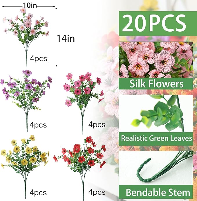 mizii Artificial Flowers for Outdoors 20 Bundles Realistic Faux Silk Flower UV Resistant Fake Plants Outside Decorations for Patio Garden Balcony Yard Porch Summer Indoor Home Decor (Mix 5 Color)