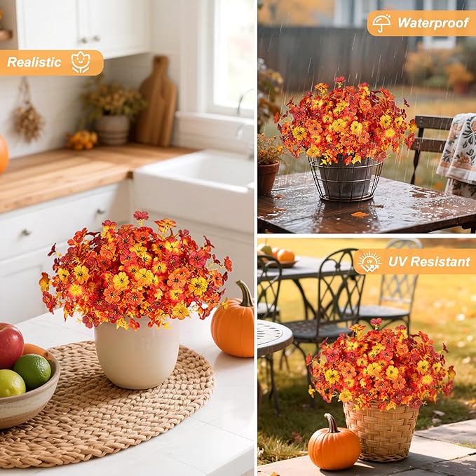 Artificial Fake Mums Fall Flowers for Outdoor Outside Decoration 12 Bundles Faux Silk Flowers Plants Realistic Daisy UV Resistant Fall Décor Autumn Front Door Porch Patio Yard Decoration