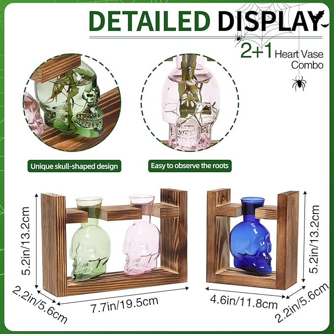 2+1 Plant Terrarium Plant Propagation Station Gifts for Father Halloween Skull Home Office Decor with Wooden Stand