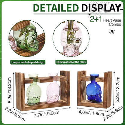 2+1 Plant Terrarium Plant Propagation Station Gifts for Father Halloween Skull Home Office Decor with Wooden Stand