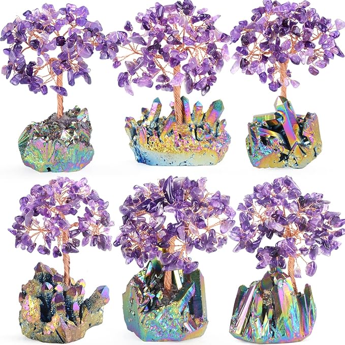 Natural Amethyst Decor Crystal Tree of Life Quartz Rainbow Tatinium Base Healing Crystals Feng Shui Bonsai Handmade Money Tree for Wealth and Luck