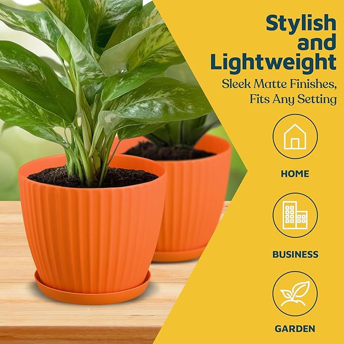 Yellow 6-Inch Plant Pots with Drainage & Saucers 6 Pack, Indoor & Outdoor Planters for Houseplants, Herbs, and Flowers, Durable & Weatherproof Material, Stackable, Lightweight, Minimalist Design