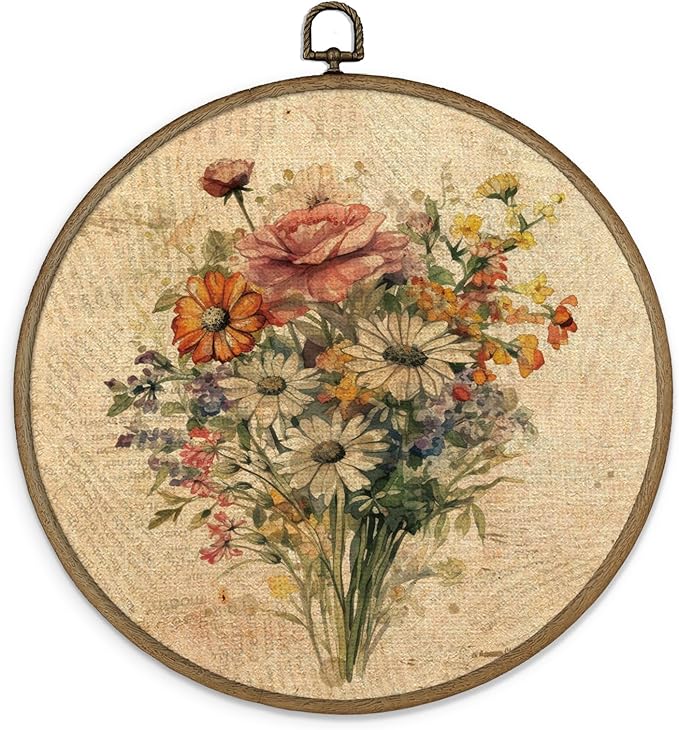 MAQIKA Vintage Floral Framed Wall Art Decor, Botanical Canvas Prints, Farmhouse Flower Round Wall Hanging, Boho Wall Art for Living Room Bedroom Kitchen, 10x10 Inch