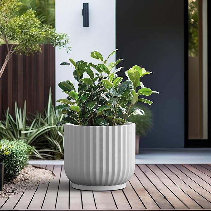 Kante Round Fulted Planter, 16.7 Inch Dia Large Concrete Plant Pots with Drainage Hole and Rubber Plug, Modern Decor for Indoor Outdoor Plants, Flower, White